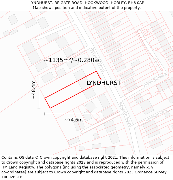 LYNDHURST, REIGATE ROAD, HOOKWOOD, HORLEY, RH6 0AP: Plot and title map