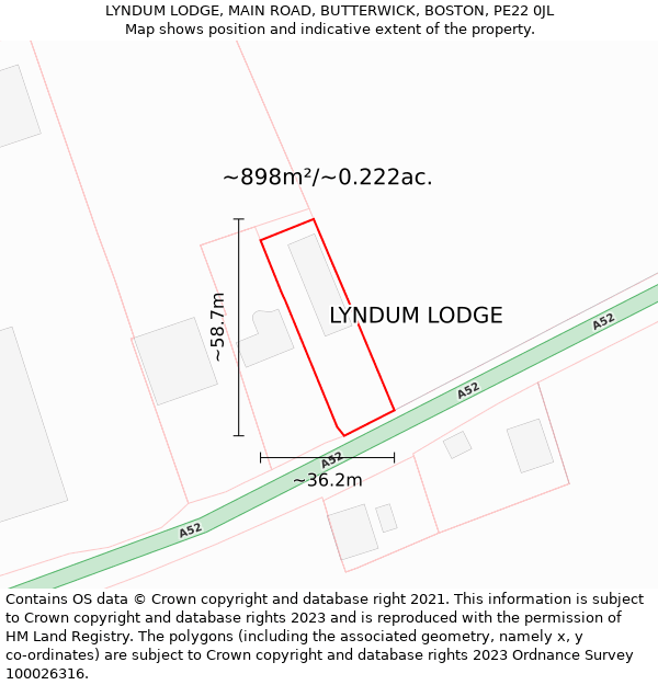 LYNDUM LODGE, MAIN ROAD, BUTTERWICK, BOSTON, PE22 0JL: Plot and title map