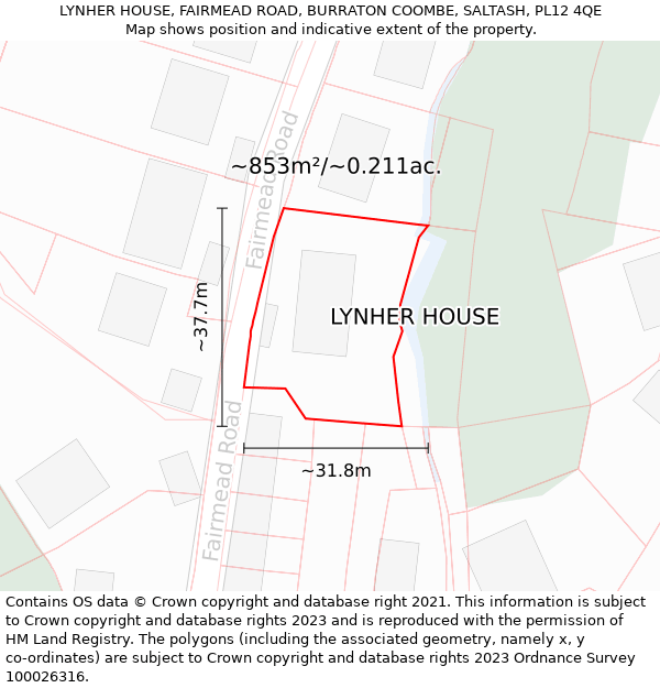 LYNHER HOUSE, FAIRMEAD ROAD, BURRATON COOMBE, SALTASH, PL12 4QE: Plot and title map