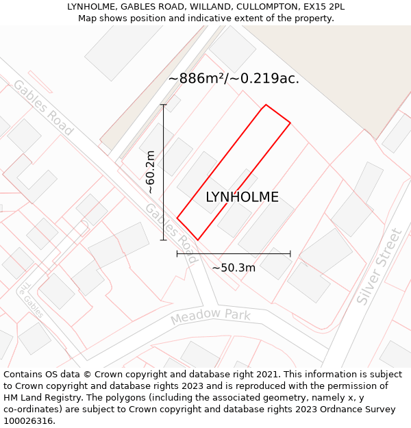 LYNHOLME, GABLES ROAD, WILLAND, CULLOMPTON, EX15 2PL: Plot and title map