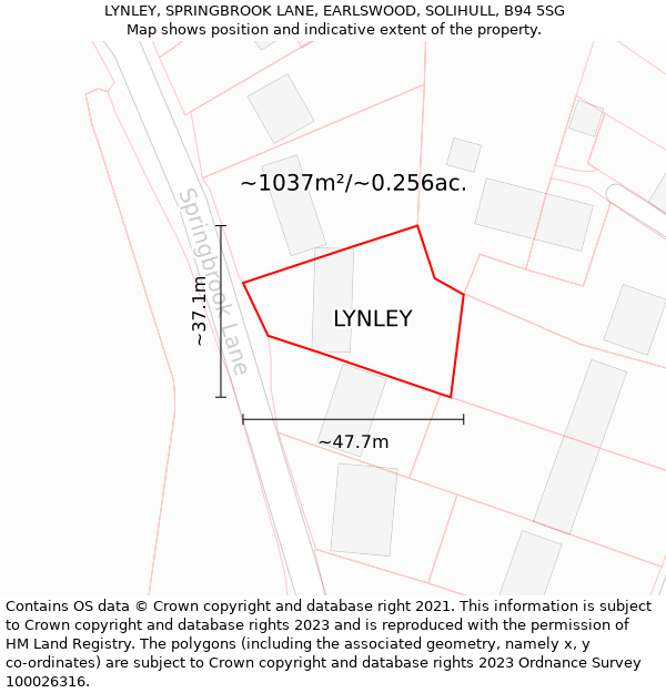 LYNLEY, SPRINGBROOK LANE, EARLSWOOD, SOLIHULL, B94 5SG: Plot and title map