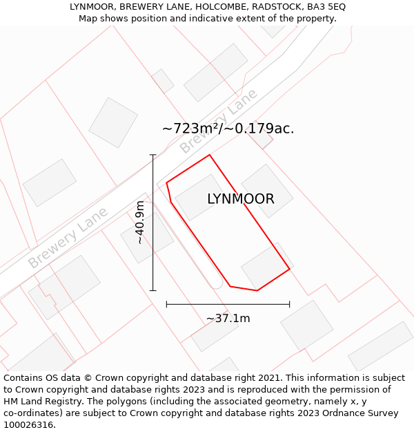 LYNMOOR, BREWERY LANE, HOLCOMBE, RADSTOCK, BA3 5EQ: Plot and title map