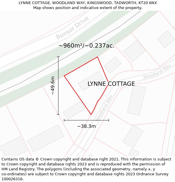 LYNNE COTTAGE, WOODLAND WAY, KINGSWOOD, TADWORTH, KT20 6NX: Plot and title map