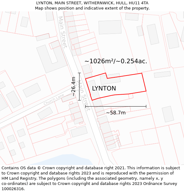 LYNTON, MAIN STREET, WITHERNWICK, HULL, HU11 4TA: Plot and title map