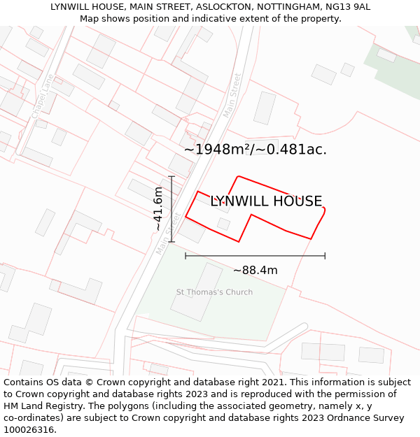 LYNWILL HOUSE, MAIN STREET, ASLOCKTON, NOTTINGHAM, NG13 9AL: Plot and title map