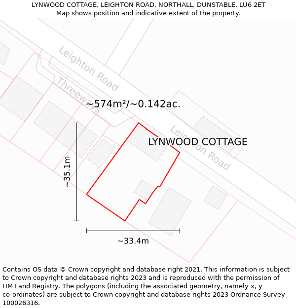 LYNWOOD COTTAGE, LEIGHTON ROAD, NORTHALL, DUNSTABLE, LU6 2ET: Plot and title map