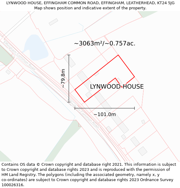 LYNWOOD HOUSE, EFFINGHAM COMMON ROAD, EFFINGHAM, LEATHERHEAD, KT24 5JG: Plot and title map