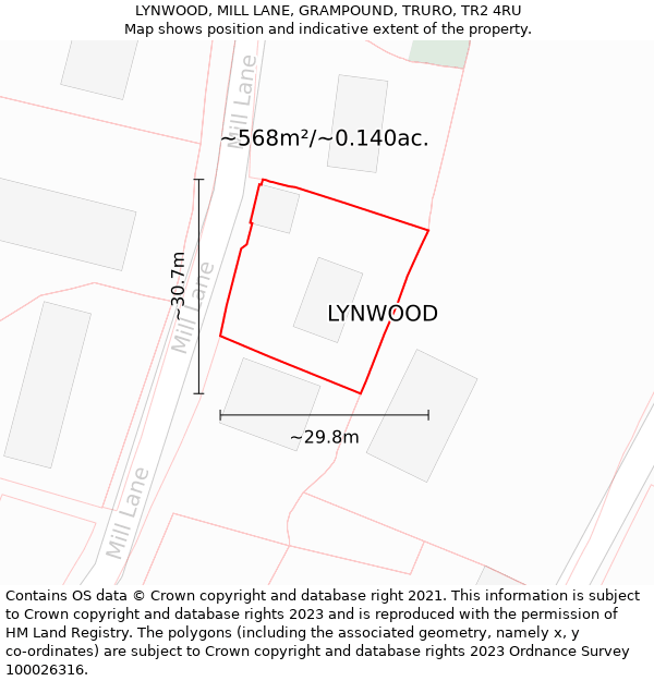 LYNWOOD, MILL LANE, GRAMPOUND, TRURO, TR2 4RU: Plot and title map