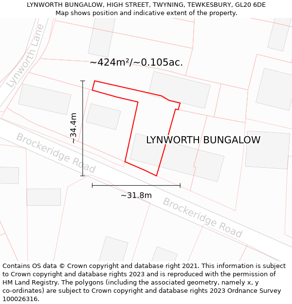 LYNWORTH BUNGALOW, HIGH STREET, TWYNING, TEWKESBURY, GL20 6DE: Plot and title map