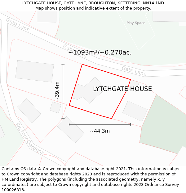 LYTCHGATE HOUSE, GATE LANE, BROUGHTON, KETTERING, NN14 1ND: Plot and title map