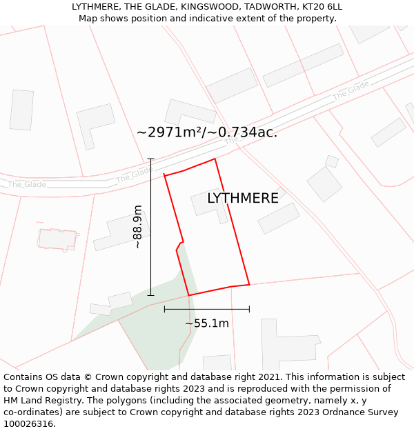 LYTHMERE, THE GLADE, KINGSWOOD, TADWORTH, KT20 6LL: Plot and title map