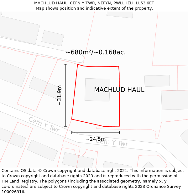 MACHLUD HAUL, CEFN Y TWR, NEFYN, PWLLHELI, LL53 6ET: Plot and title map