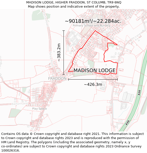 MADISON LODGE, HIGHER FRADDON, ST COLUMB, TR9 6NQ: Plot and title map