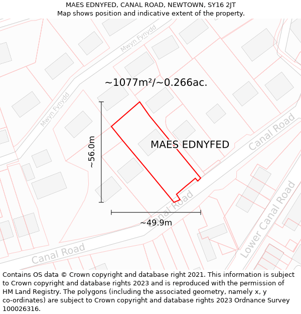 MAES EDNYFED, CANAL ROAD, NEWTOWN, SY16 2JT: Plot and title map