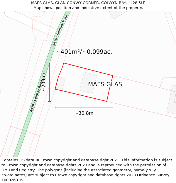MAES GLAS, GLAN CONWY CORNER, COLWYN BAY, LL28 5LE: Plot and title map