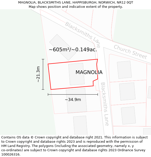 MAGNOLIA, BLACKSMITHS LANE, HAPPISBURGH, NORWICH, NR12 0QT: Plot and title map