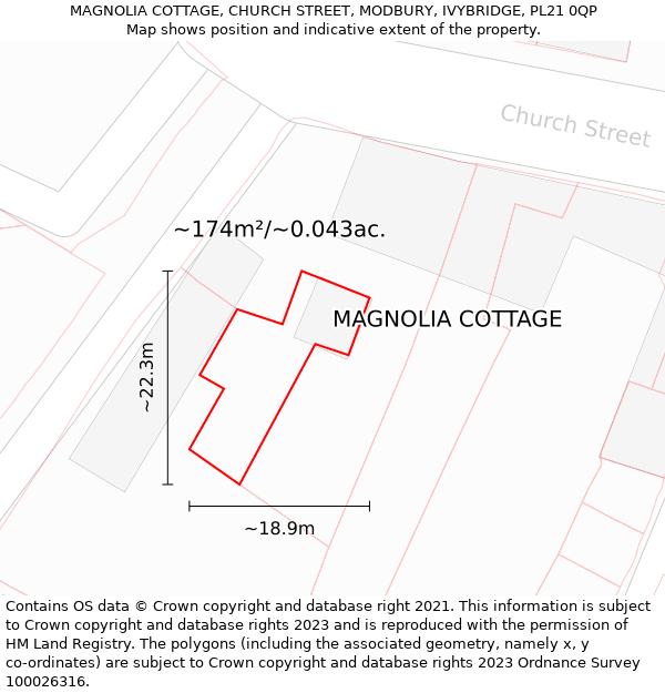 MAGNOLIA COTTAGE, CHURCH STREET, MODBURY, IVYBRIDGE, PL21 0QP: Plot and title map