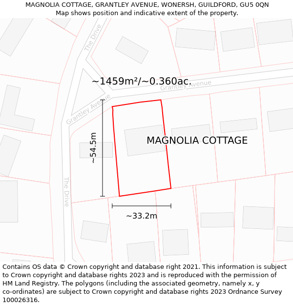 MAGNOLIA COTTAGE, GRANTLEY AVENUE, WONERSH, GUILDFORD, GU5 0QN: Plot and title map