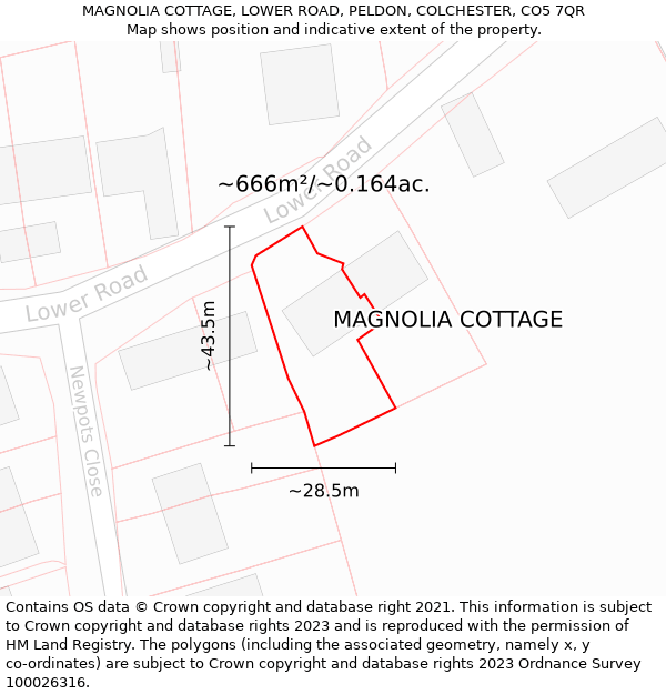 MAGNOLIA COTTAGE, LOWER ROAD, PELDON, COLCHESTER, CO5 7QR: Plot and title map