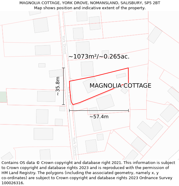 MAGNOLIA COTTAGE, YORK DROVE, NOMANSLAND, SALISBURY, SP5 2BT: Plot and title map