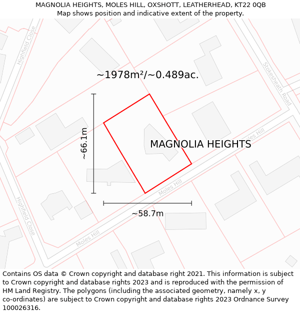 MAGNOLIA HEIGHTS, MOLES HILL, OXSHOTT, LEATHERHEAD, KT22 0QB: Plot and title map