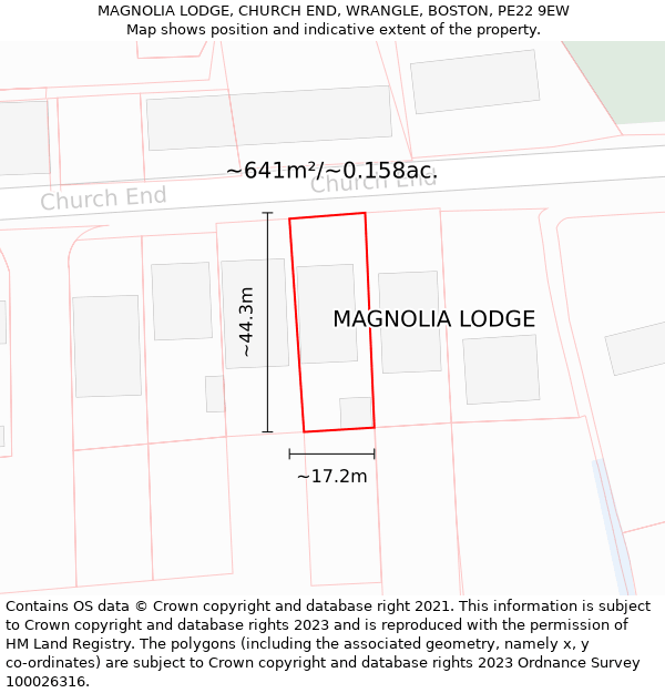 MAGNOLIA LODGE, CHURCH END, WRANGLE, BOSTON, PE22 9EW: Plot and title map