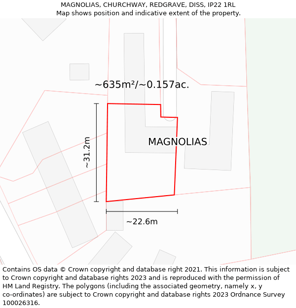 MAGNOLIAS, CHURCHWAY, REDGRAVE, DISS, IP22 1RL: Plot and title map
