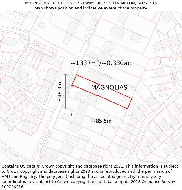 MAGNOLIAS, HILL POUND, SWANMORE, SOUTHAMPTON, SO32 2UN: Plot and title map