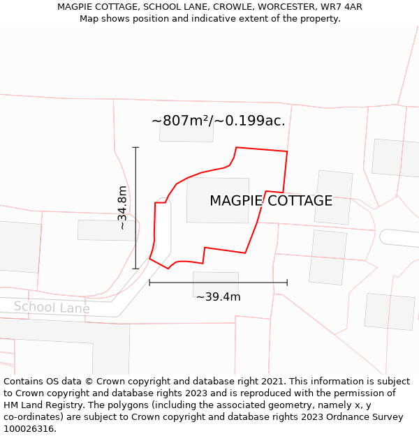 MAGPIE COTTAGE, SCHOOL LANE, CROWLE, WORCESTER, WR7 4AR: Plot and title map