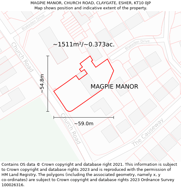 MAGPIE MANOR, CHURCH ROAD, CLAYGATE, ESHER, KT10 0JP: Plot and title map