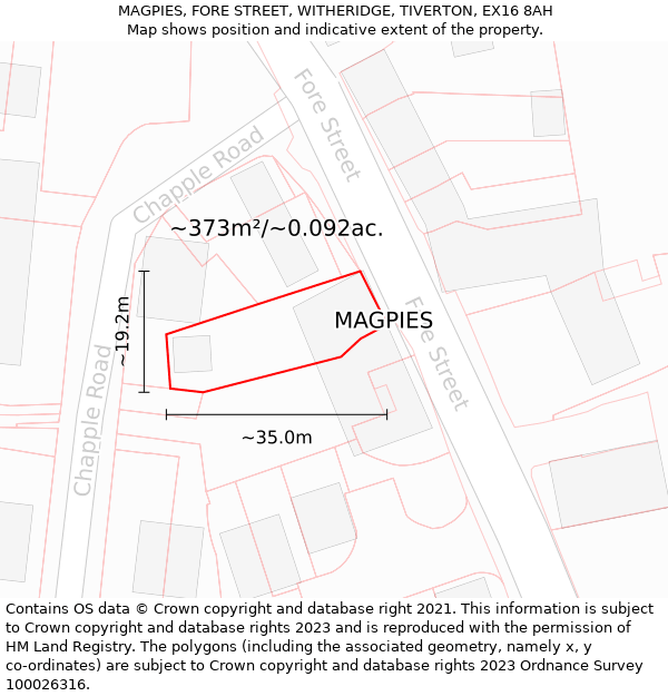 MAGPIES, FORE STREET, WITHERIDGE, TIVERTON, EX16 8AH: Plot and title map