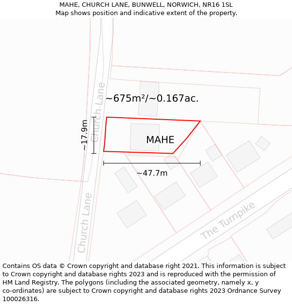 MAHE, CHURCH LANE, BUNWELL, NORWICH, NR16 1SL: Plot and title map