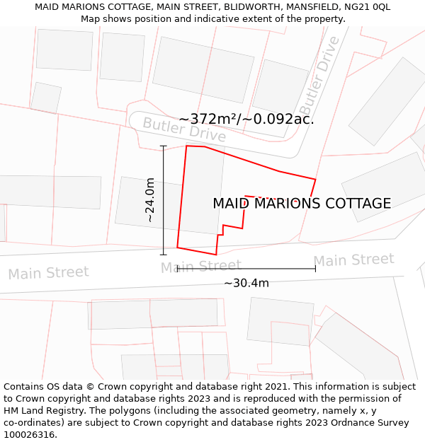 MAID MARIONS COTTAGE, MAIN STREET, BLIDWORTH, MANSFIELD, NG21 0QL: Plot and title map