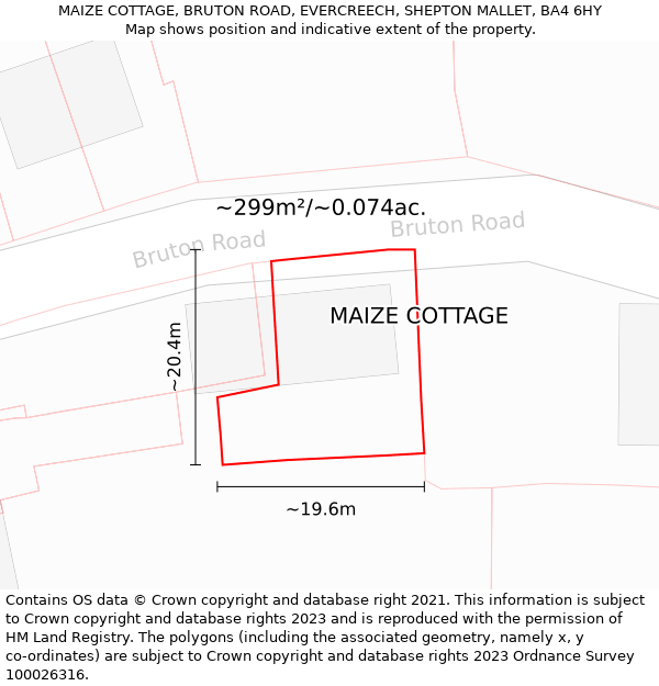 MAIZE COTTAGE, BRUTON ROAD, EVERCREECH, SHEPTON MALLET, BA4 6HY: Plot and title map