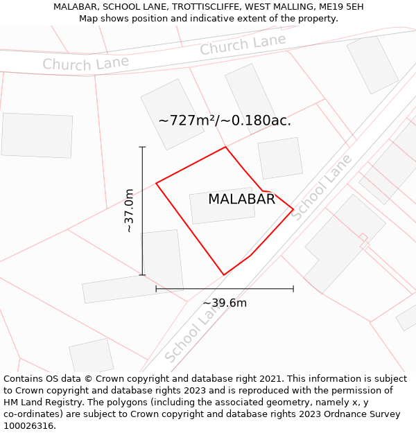 MALABAR, SCHOOL LANE, TROTTISCLIFFE, WEST MALLING, ME19 5EH: Plot and title map
