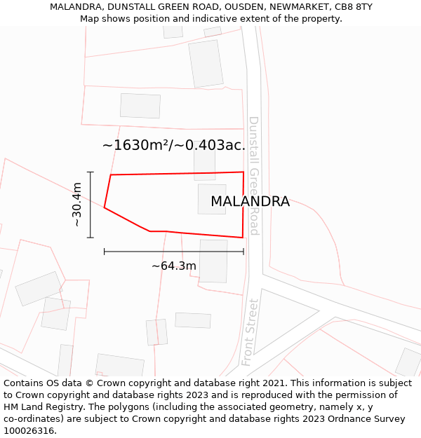 MALANDRA, DUNSTALL GREEN ROAD, OUSDEN, NEWMARKET, CB8 8TY: Plot and title map