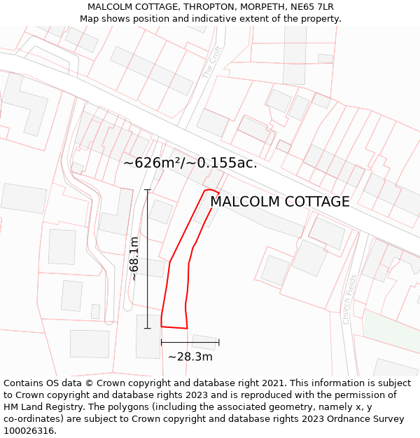 MALCOLM COTTAGE, THROPTON, MORPETH, NE65 7LR: Plot and title map