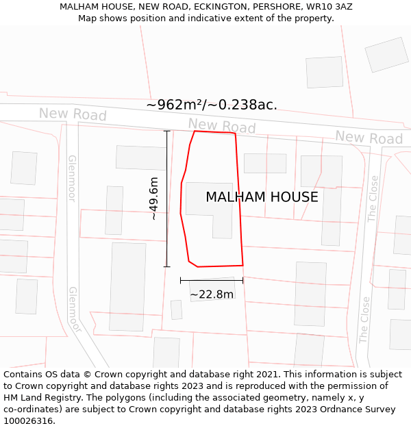MALHAM HOUSE, NEW ROAD, ECKINGTON, PERSHORE, WR10 3AZ: Plot and title map