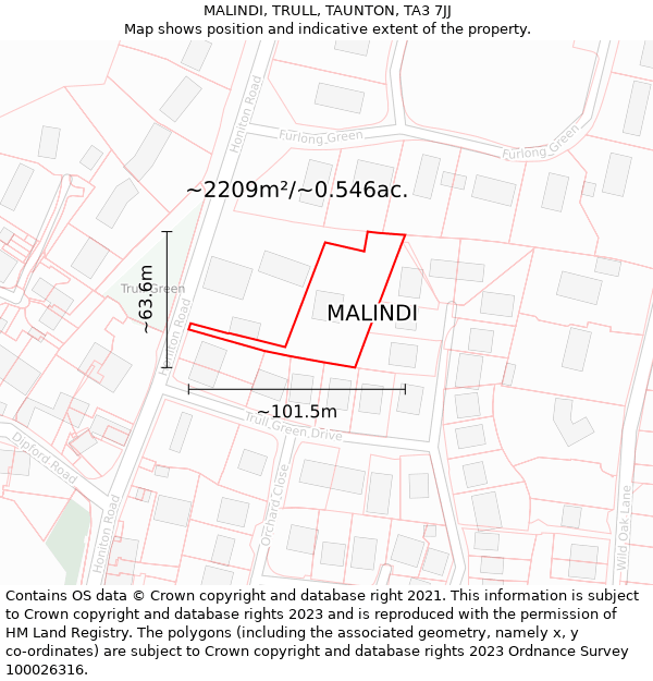 MALINDI, TRULL, TAUNTON, TA3 7JJ: Plot and title map