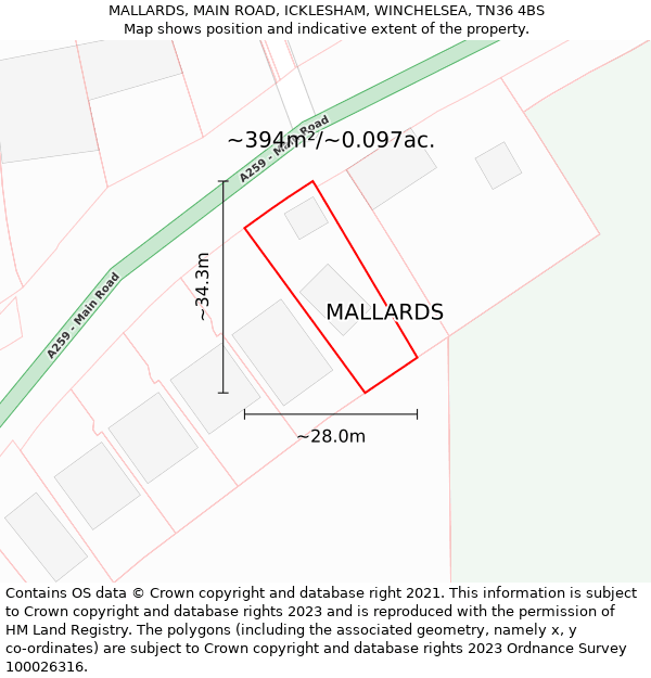 MALLARDS, MAIN ROAD, ICKLESHAM, WINCHELSEA, TN36 4BS: Plot and title map