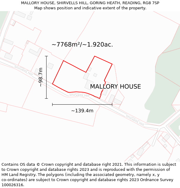MALLORY HOUSE, SHIRVELLS HILL, GORING HEATH, READING, RG8 7SP: Plot and title map
