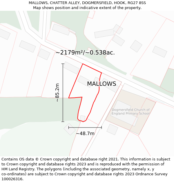 MALLOWS, CHATTER ALLEY, DOGMERSFIELD, HOOK, RG27 8SS: Plot and title map