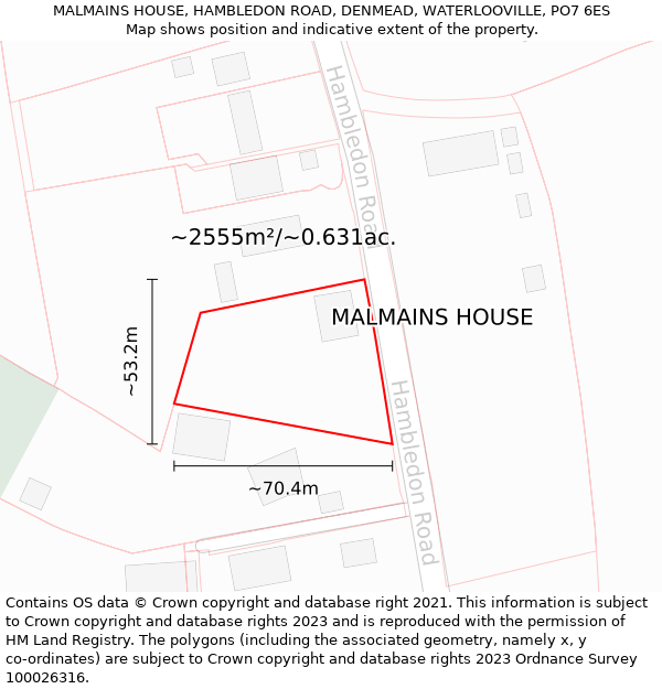 MALMAINS HOUSE, HAMBLEDON ROAD, DENMEAD, WATERLOOVILLE, PO7 6ES: Plot and title map