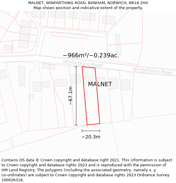 MALNET, WINFARTHING ROAD, BANHAM, NORWICH, NR16 2HA: Plot and title map