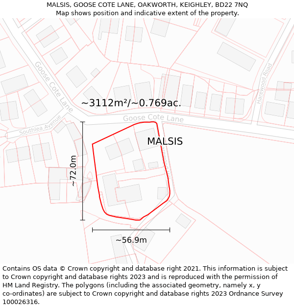 MALSIS, GOOSE COTE LANE, OAKWORTH, KEIGHLEY, BD22 7NQ: Plot and title map