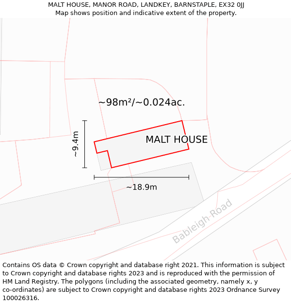 MALT HOUSE, MANOR ROAD, LANDKEY, BARNSTAPLE, EX32 0JJ: Plot and title map