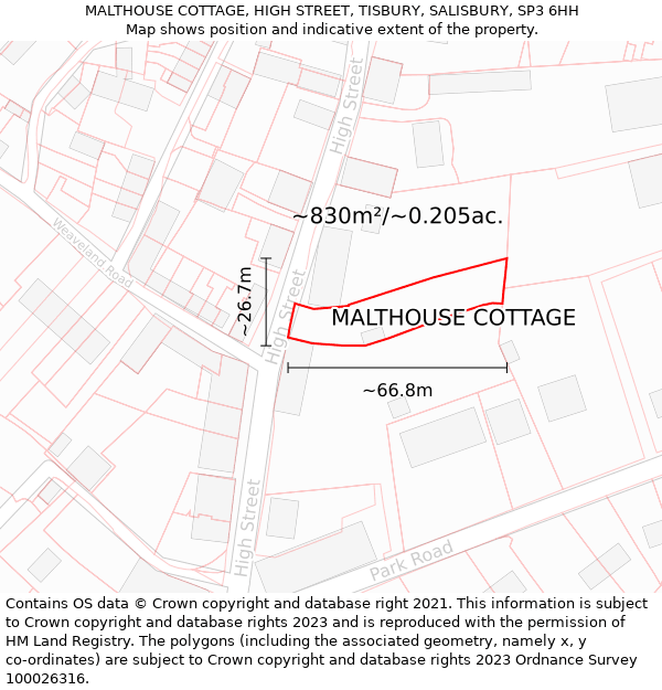 MALTHOUSE COTTAGE, HIGH STREET, TISBURY, SALISBURY, SP3 6HH: Plot and title map