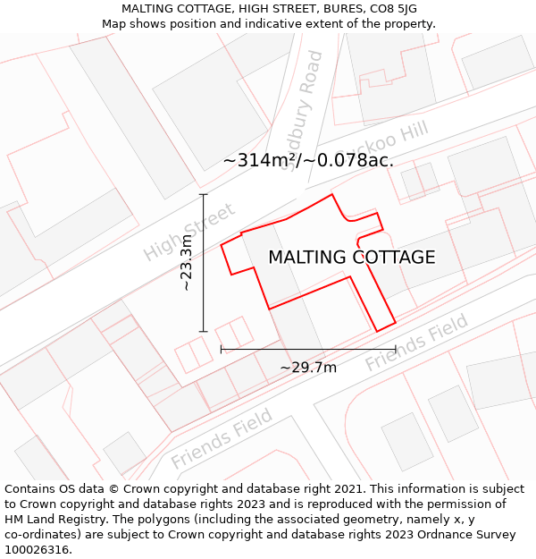 MALTING COTTAGE, HIGH STREET, BURES, CO8 5JG: Plot and title map