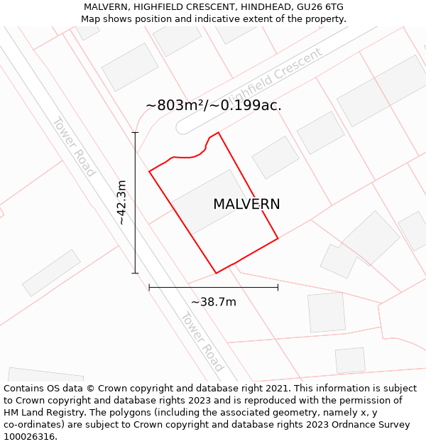 MALVERN, HIGHFIELD CRESCENT, HINDHEAD, GU26 6TG: Plot and title map