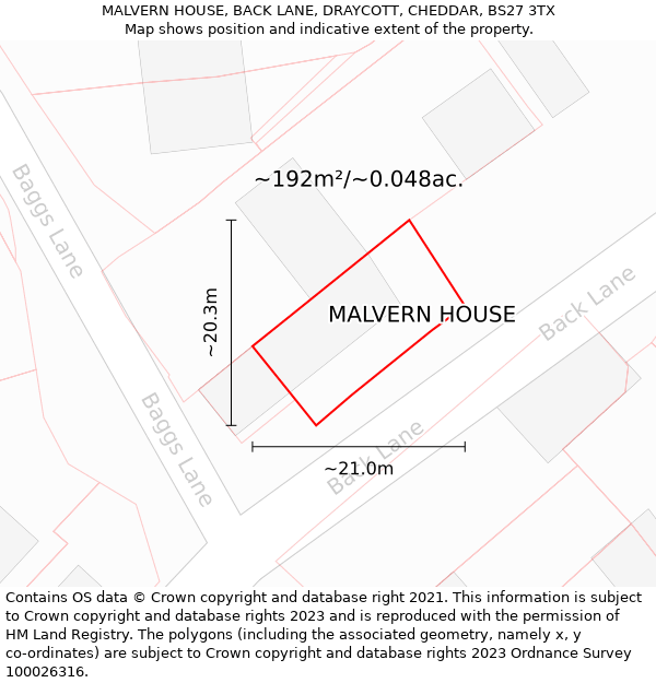 MALVERN HOUSE, BACK LANE, DRAYCOTT, CHEDDAR, BS27 3TX: Plot and title map